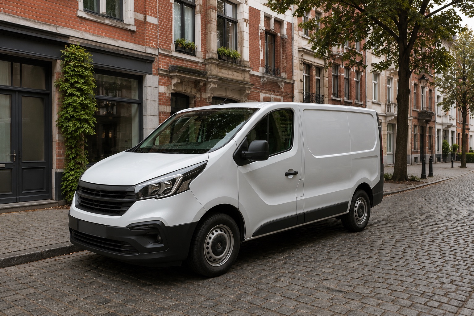 White commercial van parked on a Brussels street, ready for buyback