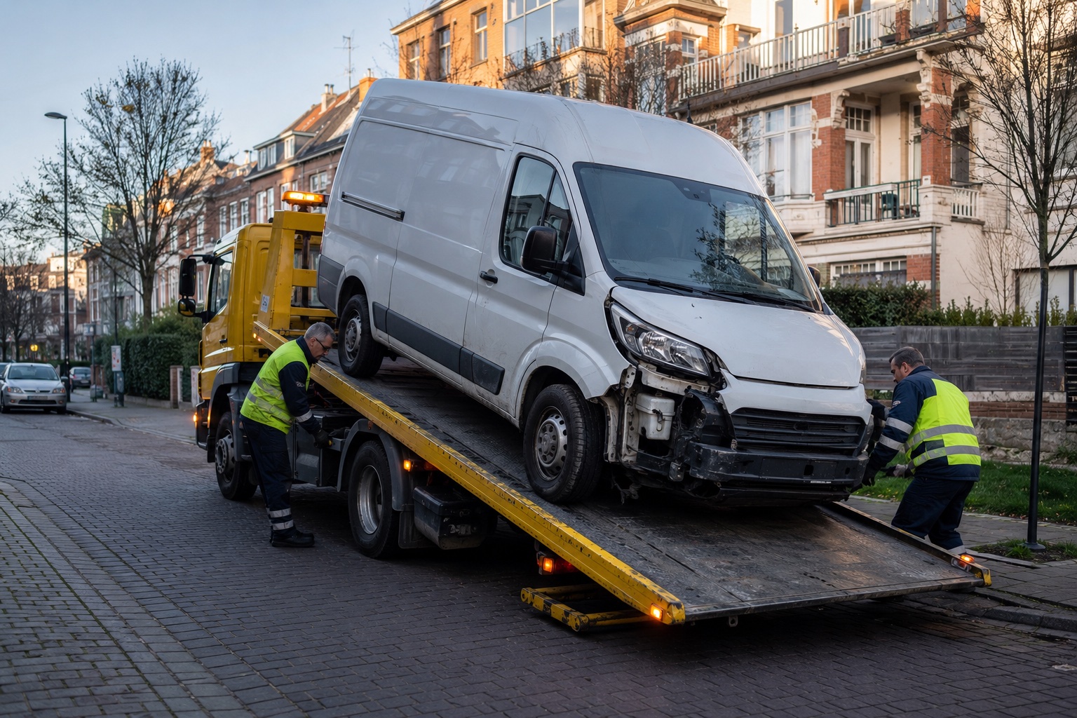 Flatbed tow truck loading a damaged commercial van in Brussels