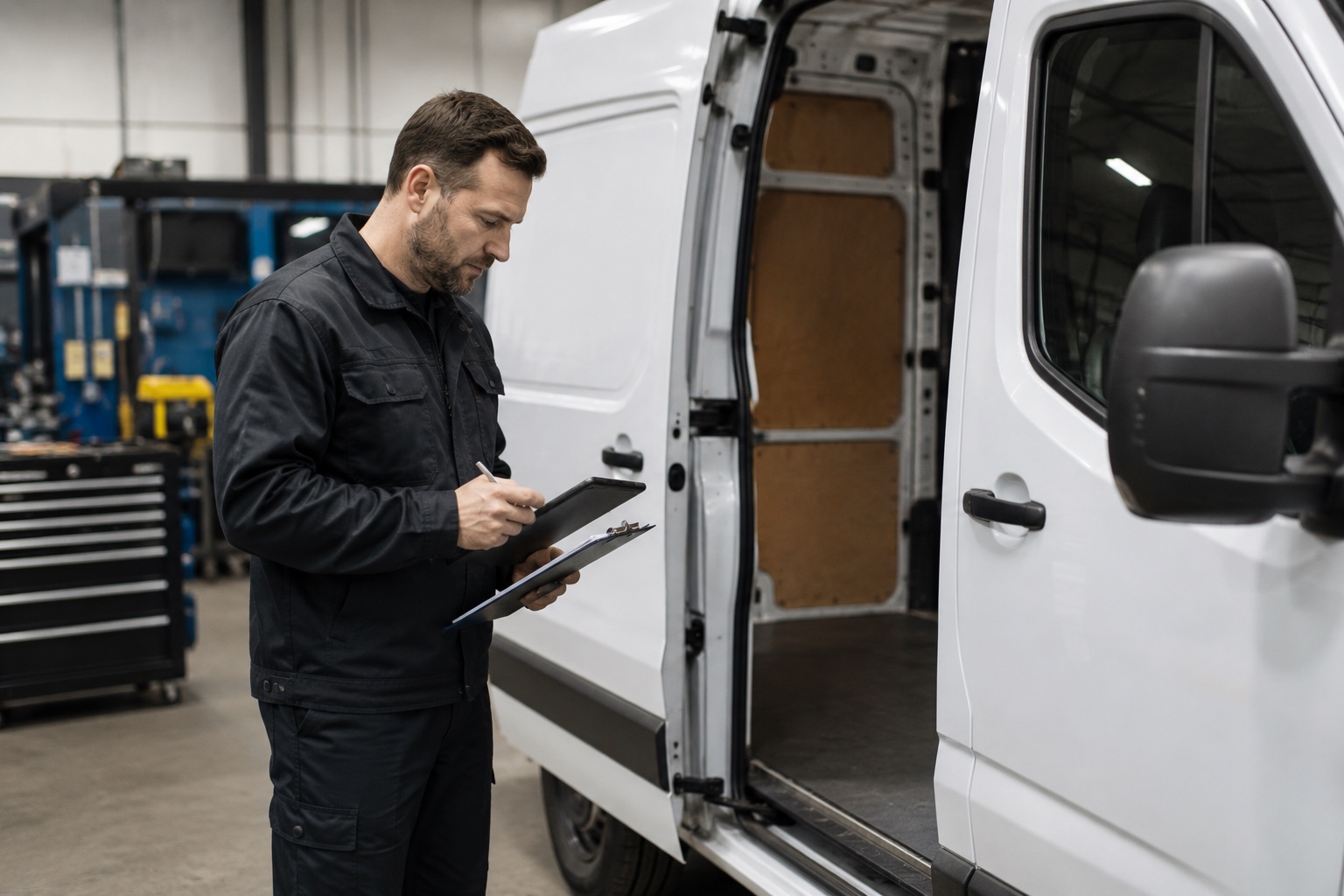 Expert inspecting a commercial van for a buyback estimate