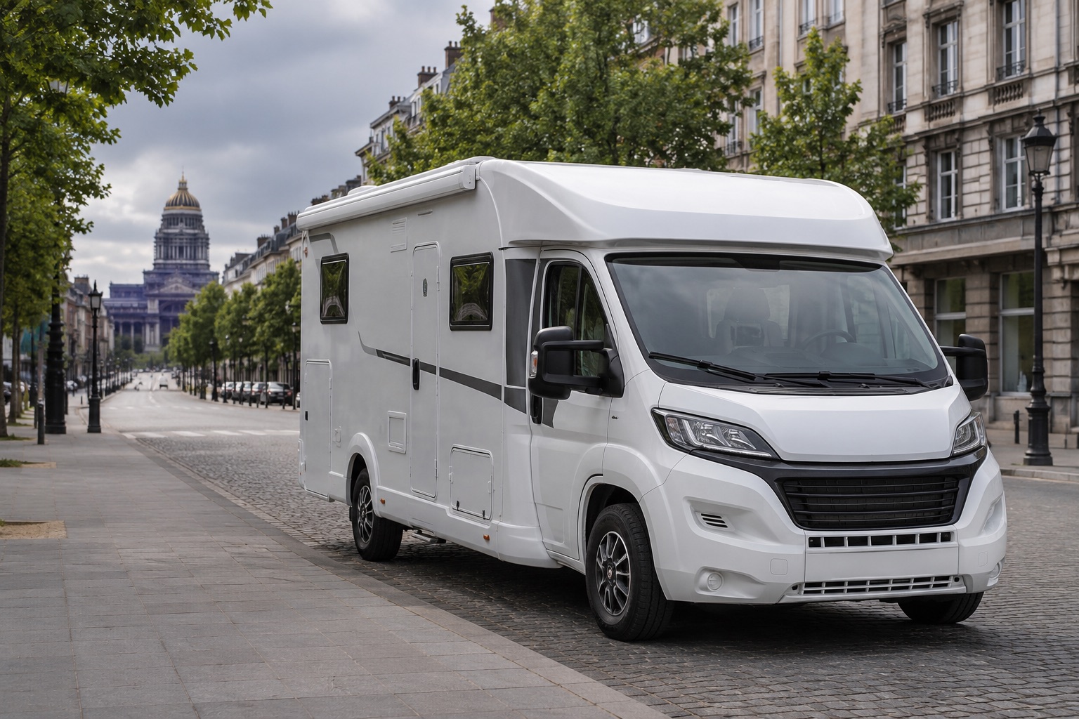 White low-profile motorhome parked on a Brussels street, ready for buyback