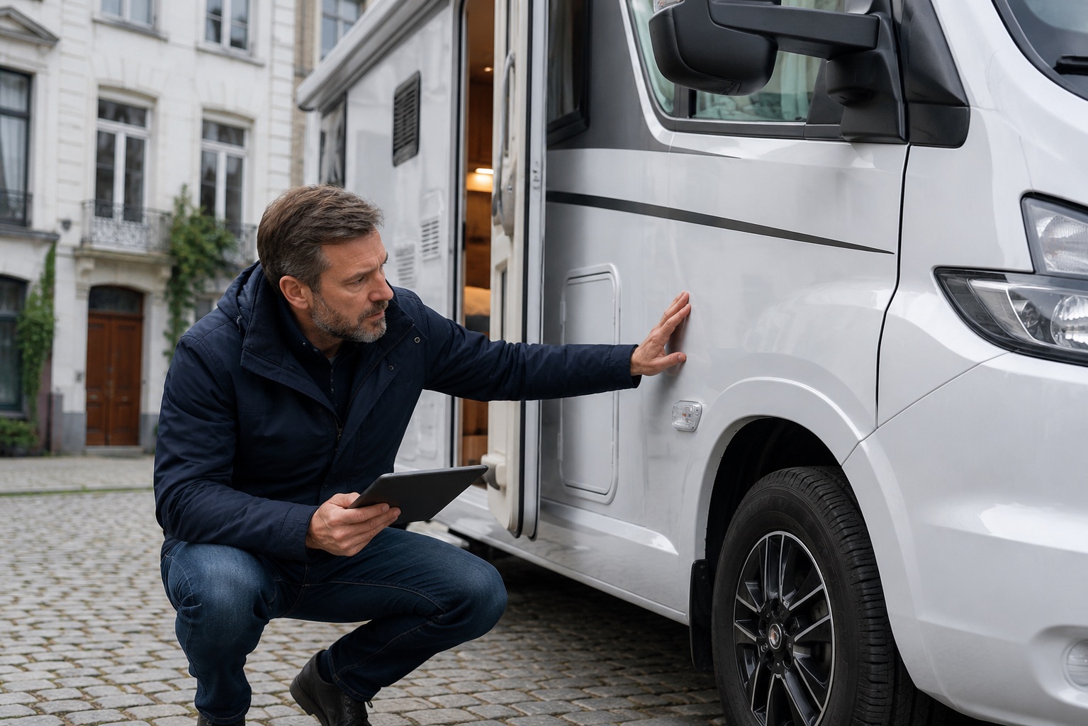 Expert inspecting a motorhome for a buyback estimate in Brussels