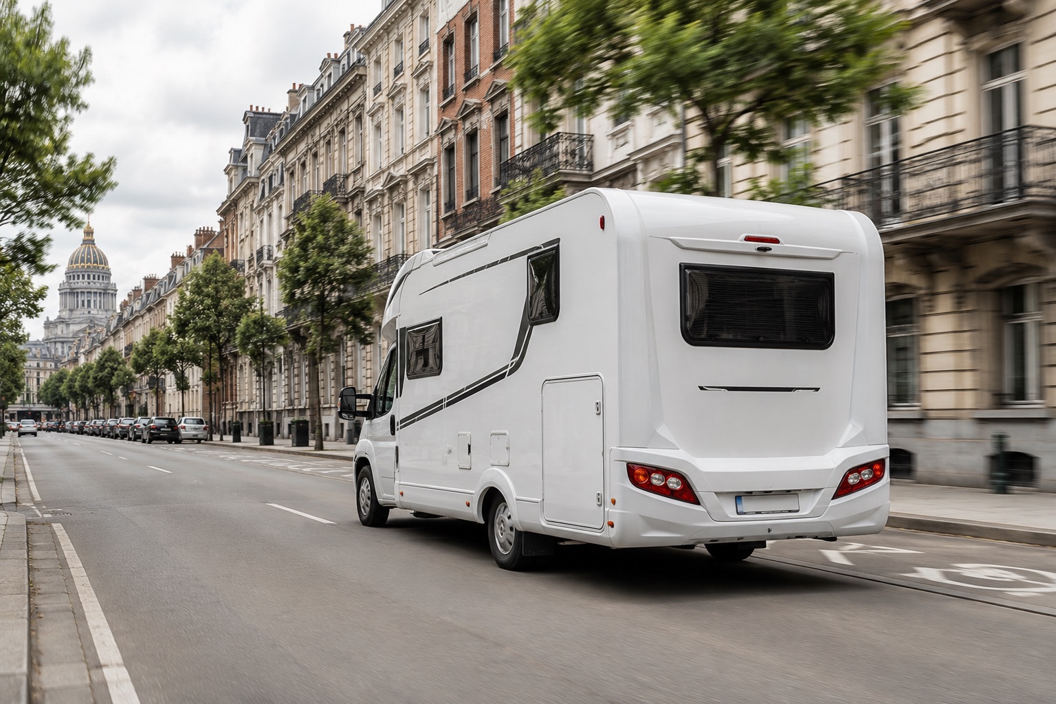 Bought-back motorhome leaving a Brussels avenue after pickup