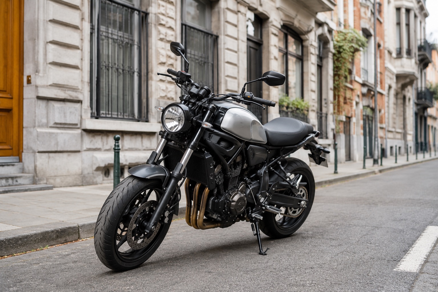 Roadstermotor geparkeerd in een straat in Brussel, klaar voor opkoop