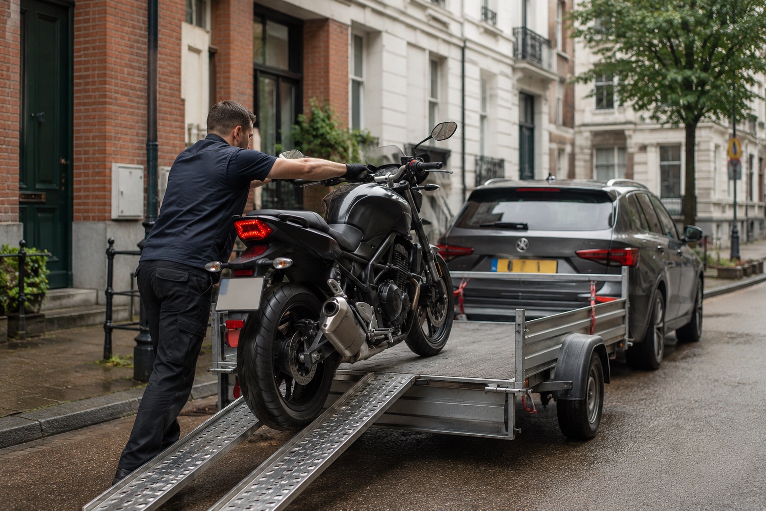 Opgekochte motor geladen op een aanhanger voor ophaling in Brussel