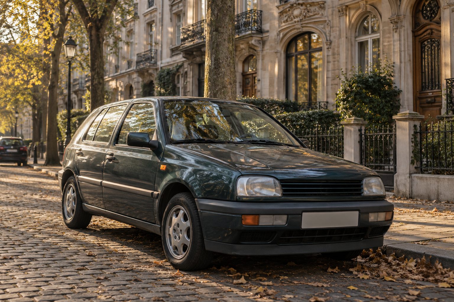 Youngtimer garée dans une rue pavée de Bruxelles, vue de trois quarts