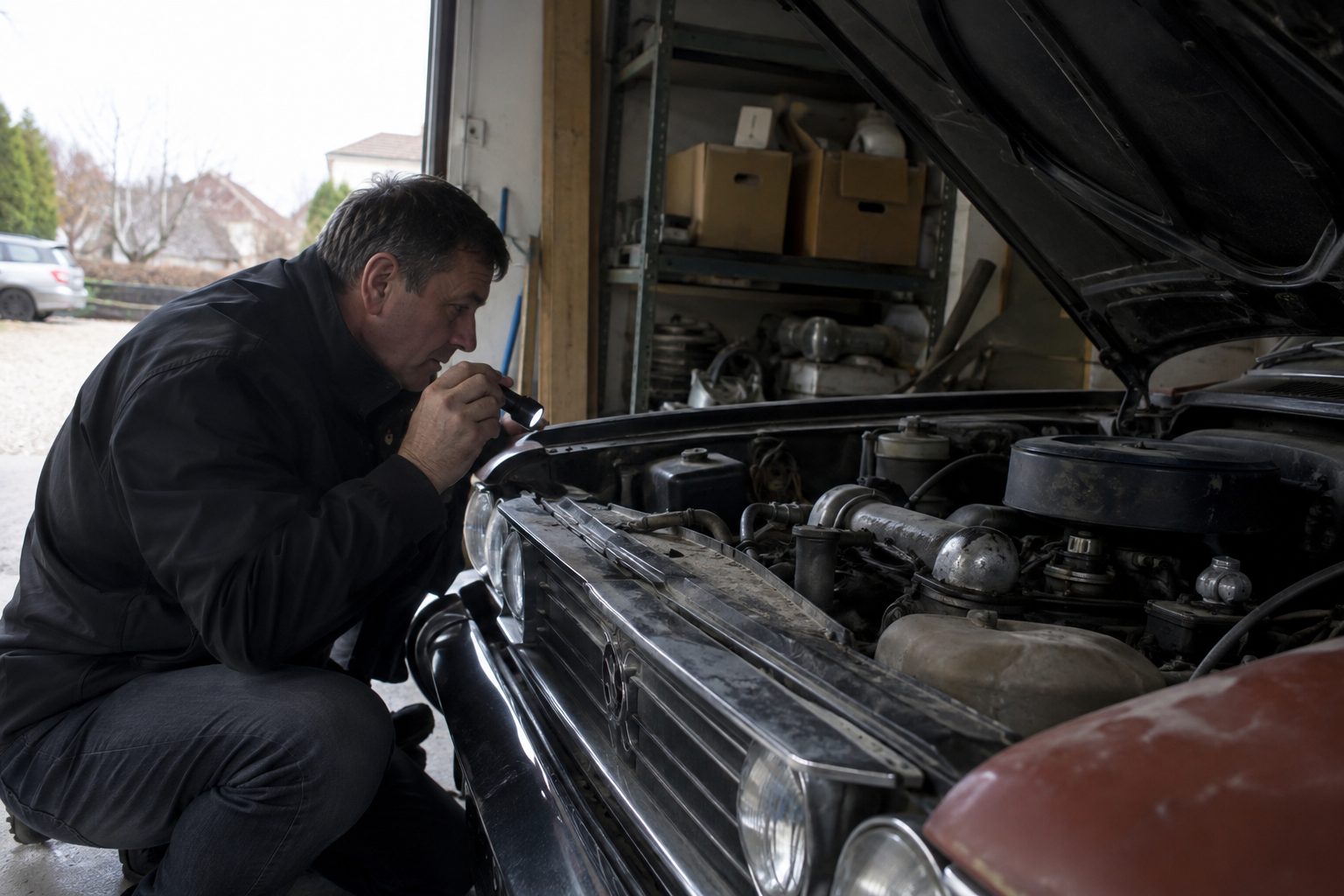 Inspection d'une voiture ancienne dans un garage privé, capot ouvert, avant rachat