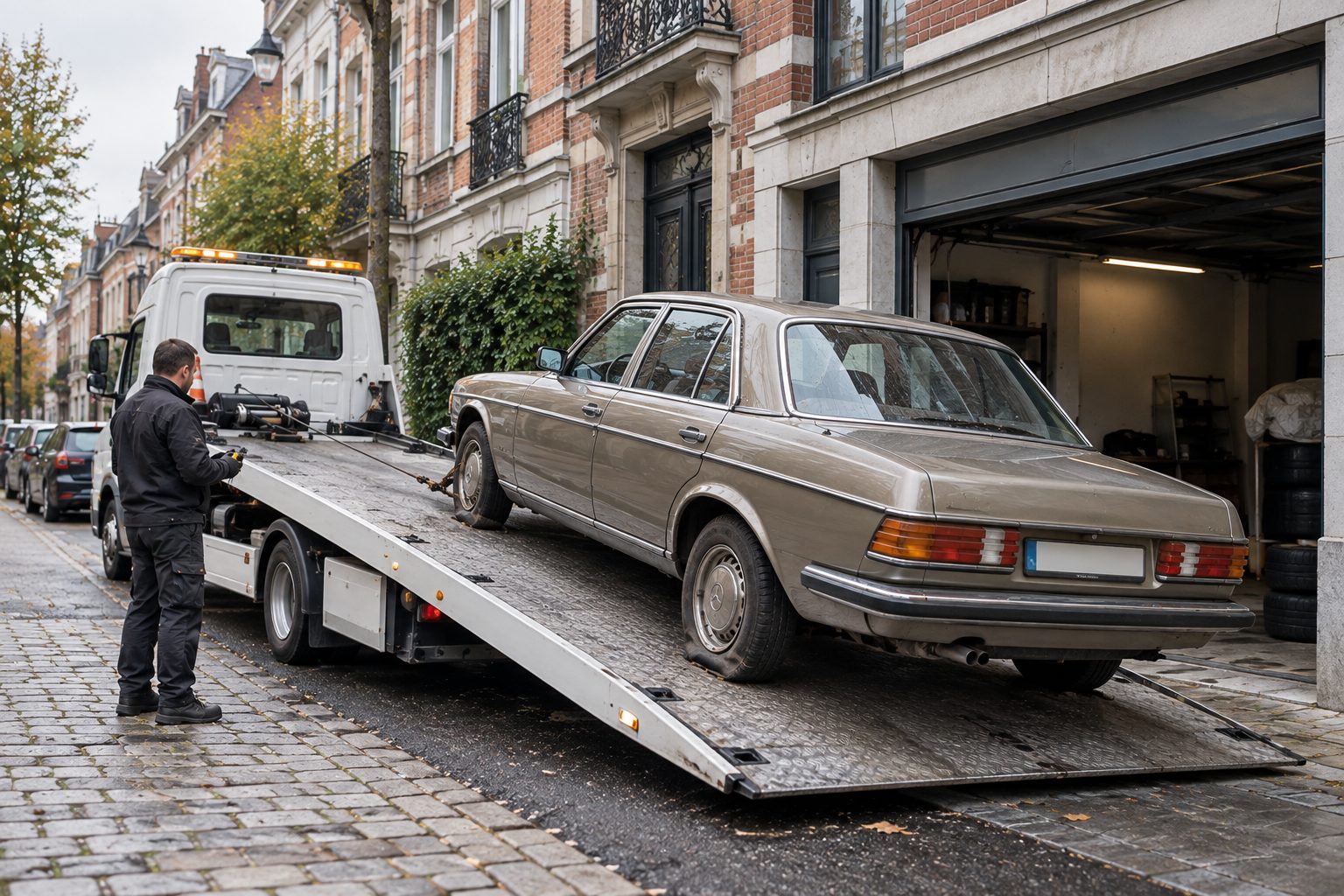 Voiture de collection chargée sur un plateau devant un garage privé à Bruxelles