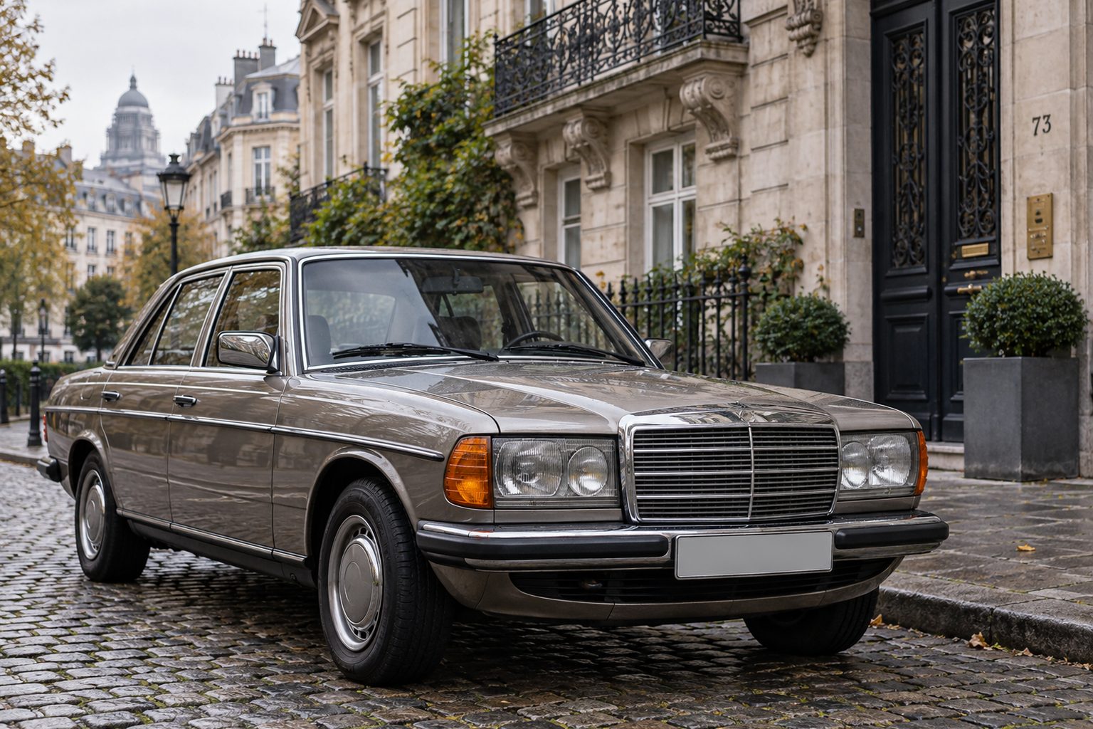 Voiture ancienne des années 80 devant une maison de maître à Bruxelles, prête pour une estimation de rachat
